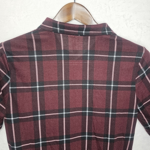 Womens Large Long Sleeve Pockets Button Front Plaid Burgundy Black - Picture 6 of 16